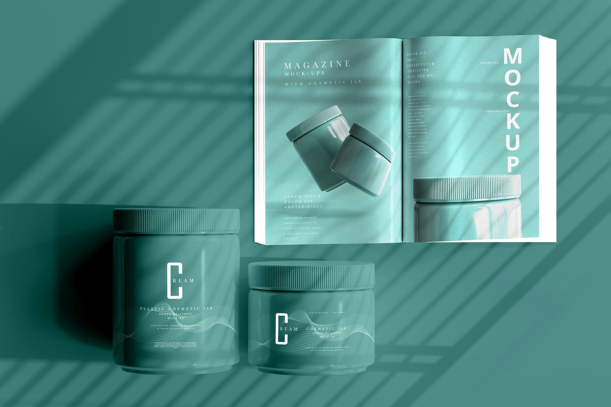Teal background with the same brand name across two plastic cosmetic jars and an open magazine with
